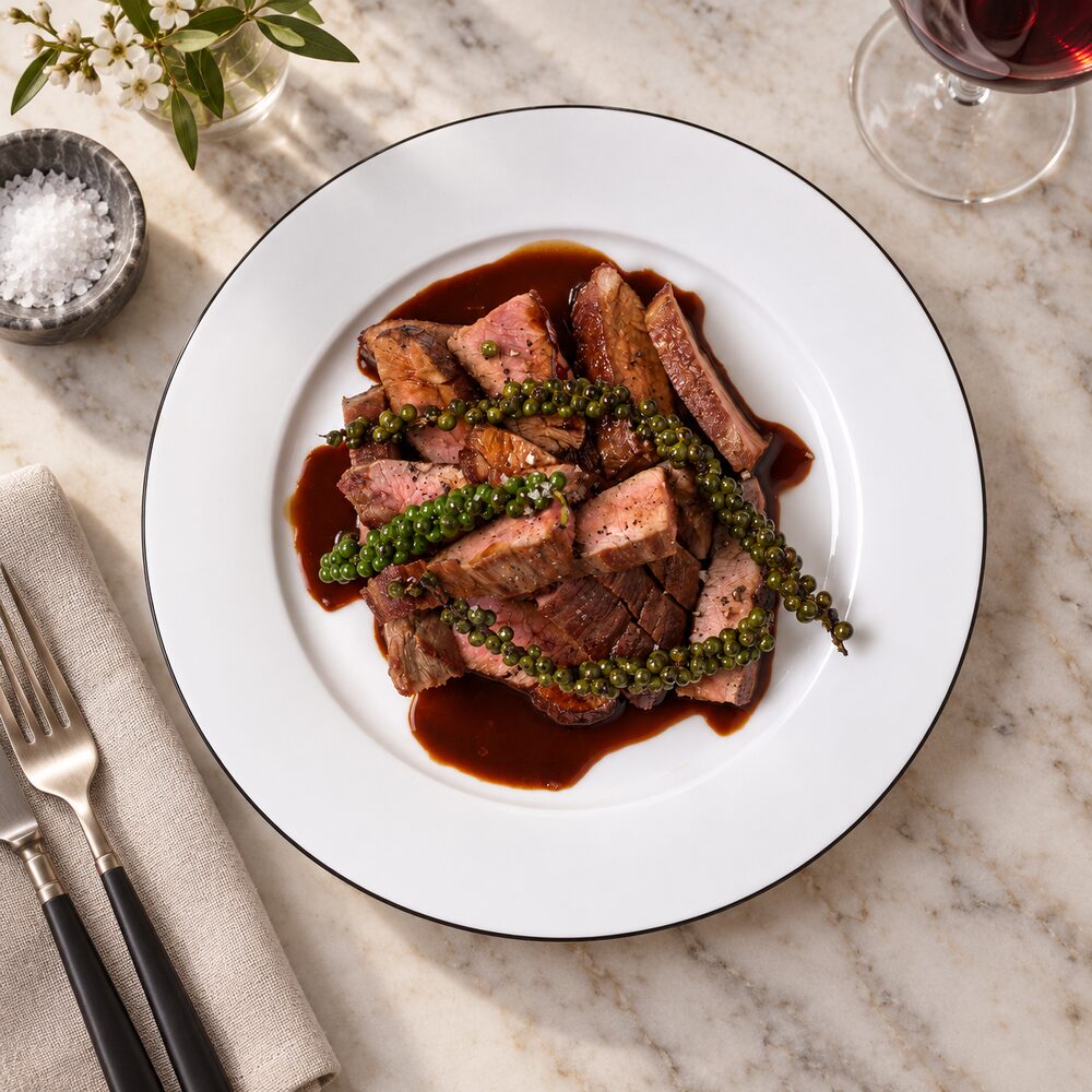 Flank steak s omáčkou z čerstvého zeleného pepře