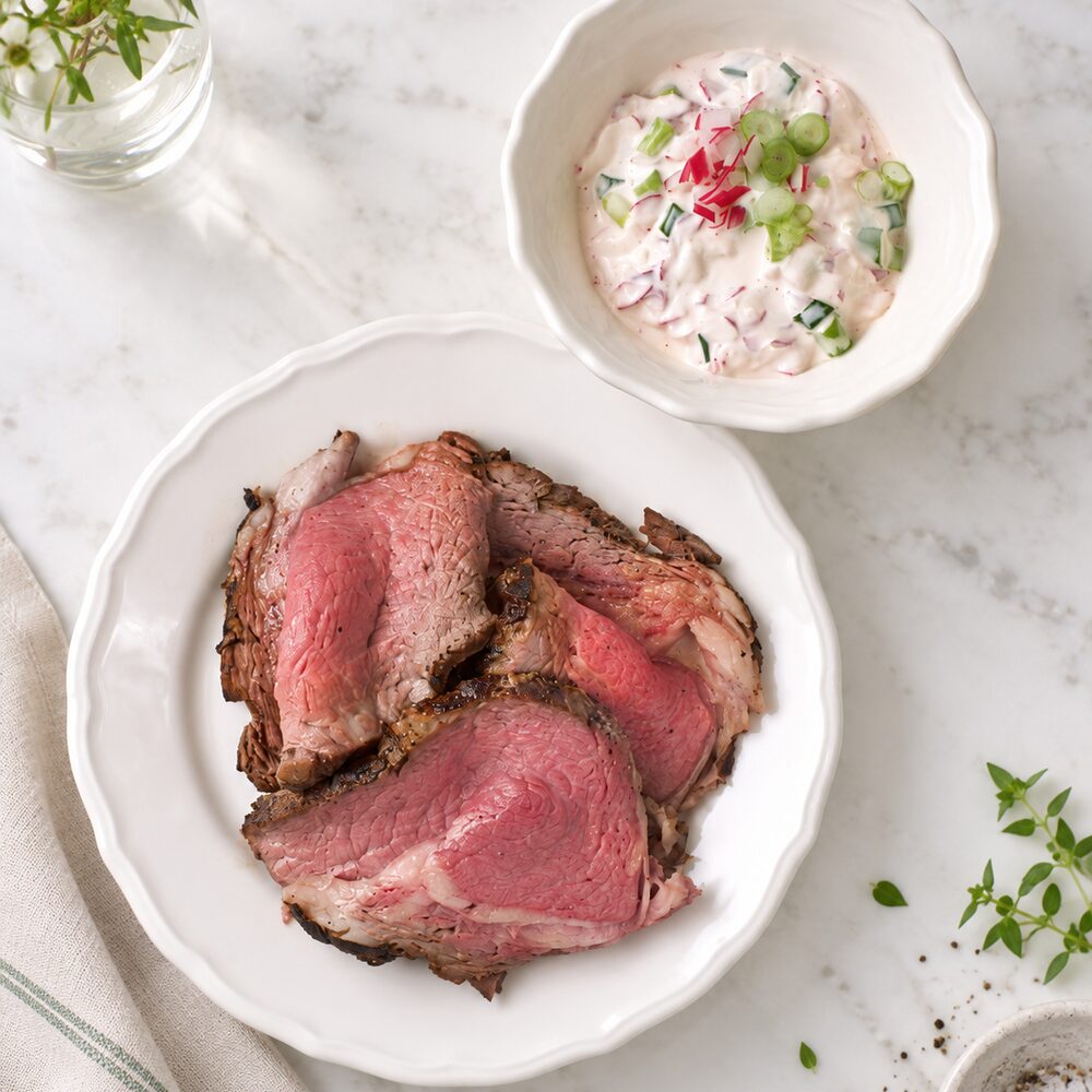 Roastbeef z nízkého roštěnce s majonézovým dipem z čerstvé ředkvičky