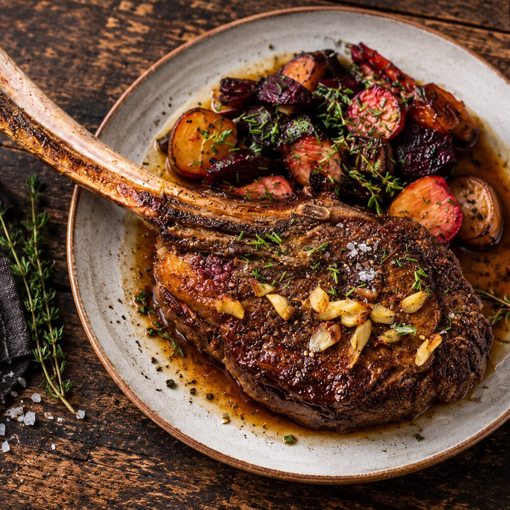 Hovězí steak Tomahawk s pečenou mladou červenou řepou