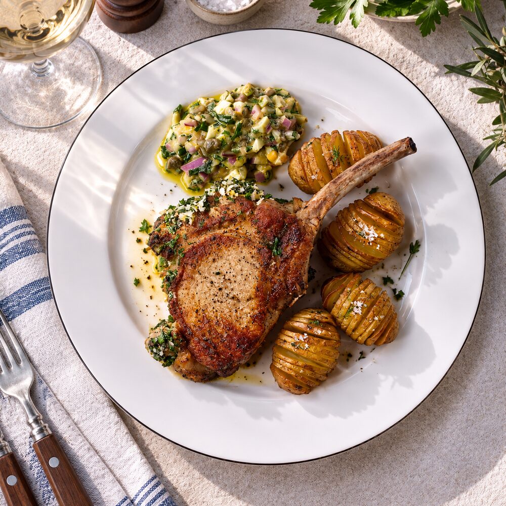 Vepřová kotleta s omáčkou ravigote a hasselback bramborami